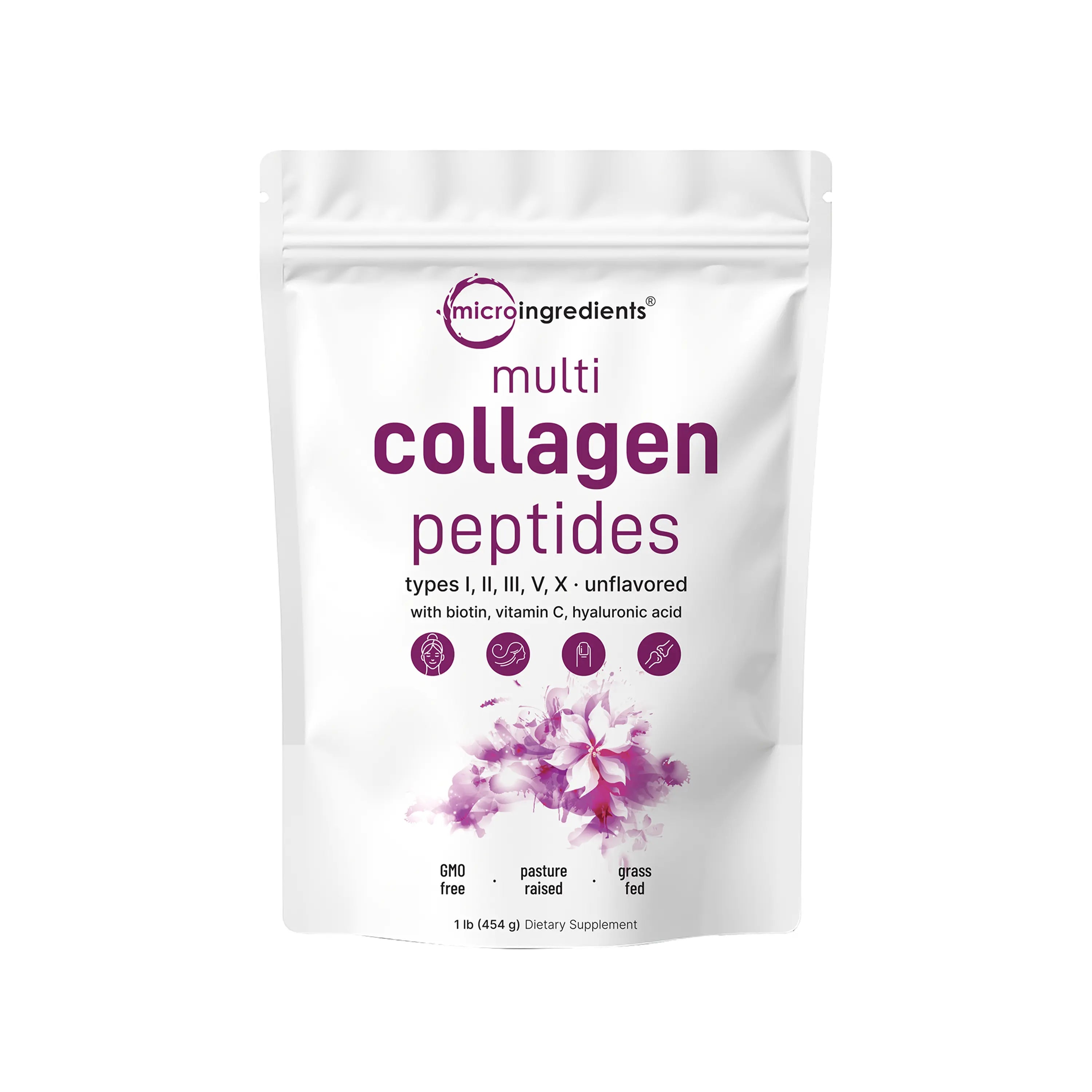 Micro Ingredients Multi Collagen Peptides Powder - Hydrolyzed Protein Peptides (Type I,II,III,V,X) with Hyaluronic Acid, Biotin & Vitamin C Unflavored